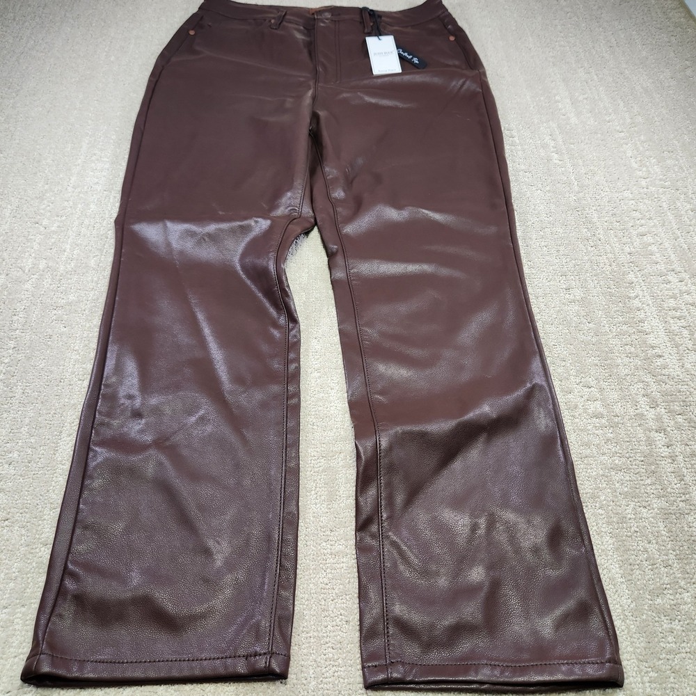 Judy Blue Pants Women 15 32 Brown Espresso Faux Leather Tummy Straight Leg NEW‎